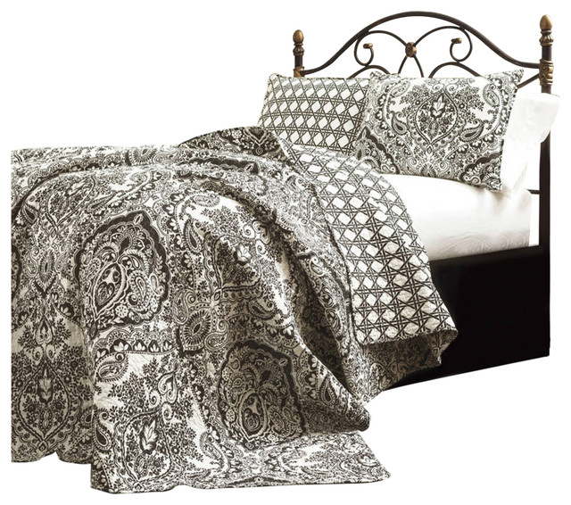 King Size 3 Piece Cotton Quilt Set In Black White Paisley Damask