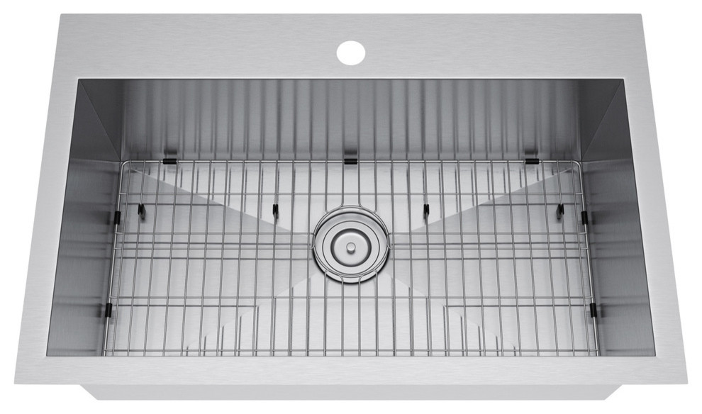 Exclusive Heritage 33"x22" Single Bowl Topmount Stainless Steel Kitchen Sink, With Strainer and Grid
