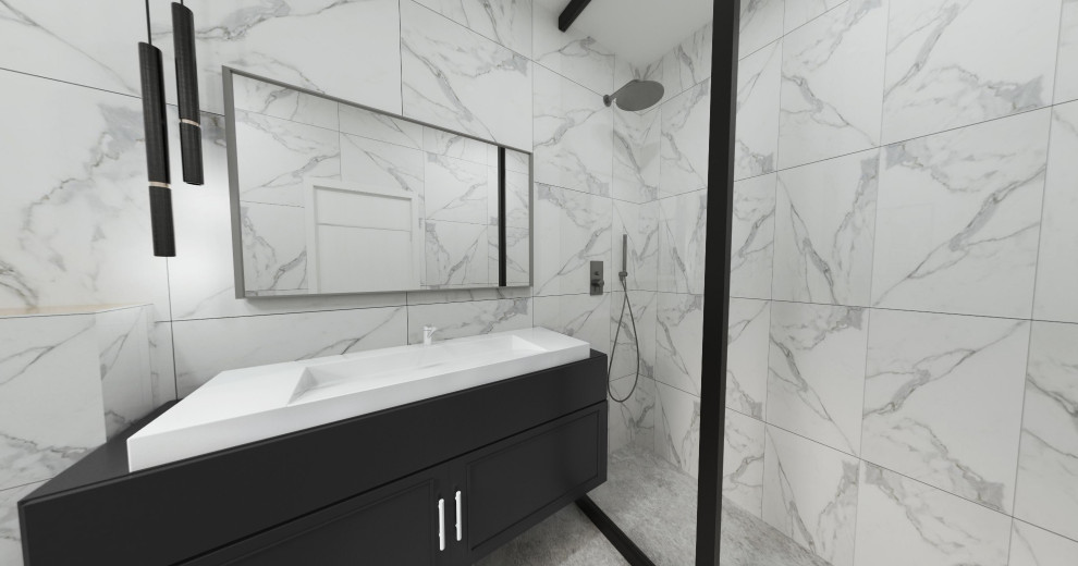 Idéer för ett mellanstort industriellt svart en-suite badrum, med släta luckor, svarta skåp, en dusch i en alkov, en vägghängd toalettstol, vit kakel, keramikplattor, vita väggar, klinkergolv i keramik, ett nedsänkt handfat, bänkskiva i kvarts, grått golv och dusch med skjutdörr