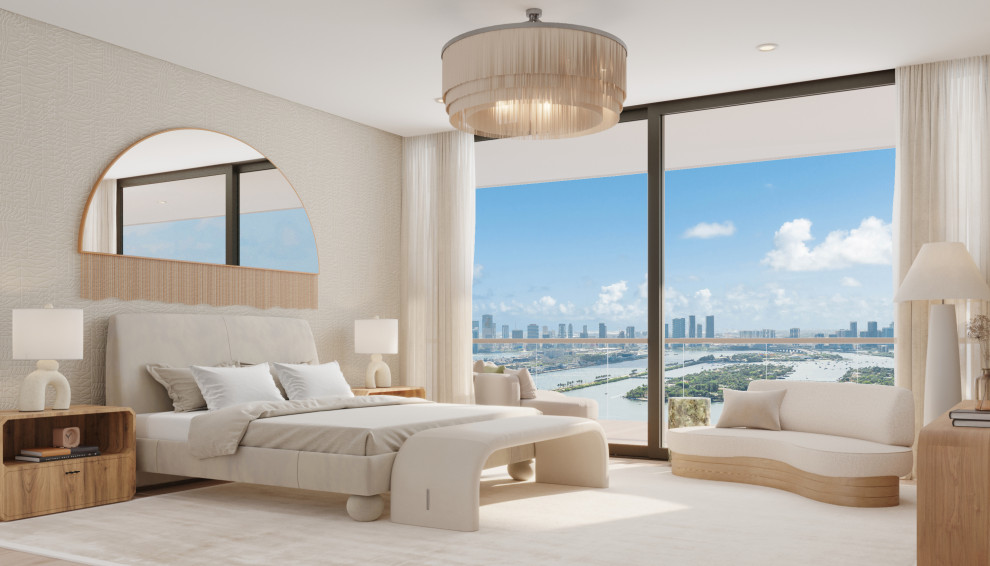 This is an example of a large modern master bedroom in Miami with beige walls, light hardwood flooring, beige floors and wallpapered walls.