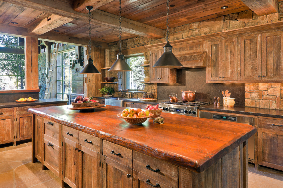 Design ideas for a country kitchen in Other with distressed cabinets, wood benchtops and brown splashback.