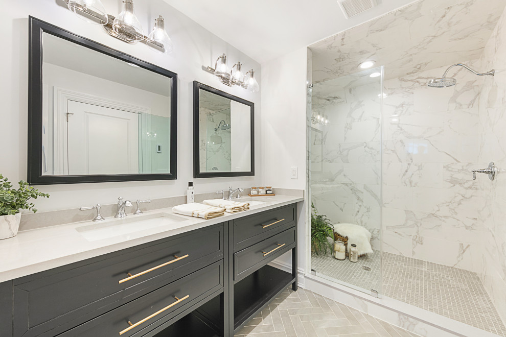 Inspiration for a large transitional 3/4 bathroom in New York with shaker cabinets, grey cabinets, an alcove shower, gray tile, white walls, an undermount sink, grey floor, grey benchtops, a double vanity and a built-in vanity.
