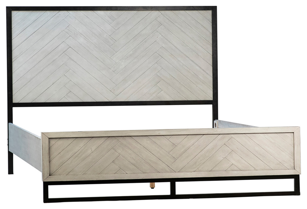 Herringbone White Wash King Bed Industrial Platform Beds by