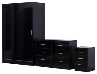 Black Oak 3 Piece Bedroom Furniture Plain Set Soft Close REFLECT Gloss Black