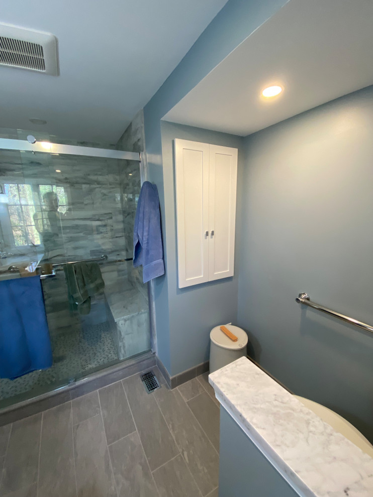 A custom builtin linen closet is a real spacesaver Bathroom