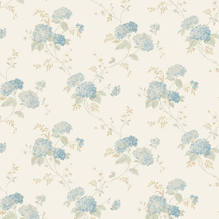 Wallpaper Designer Blue Hydrangea Green Leaf Trail on Bone