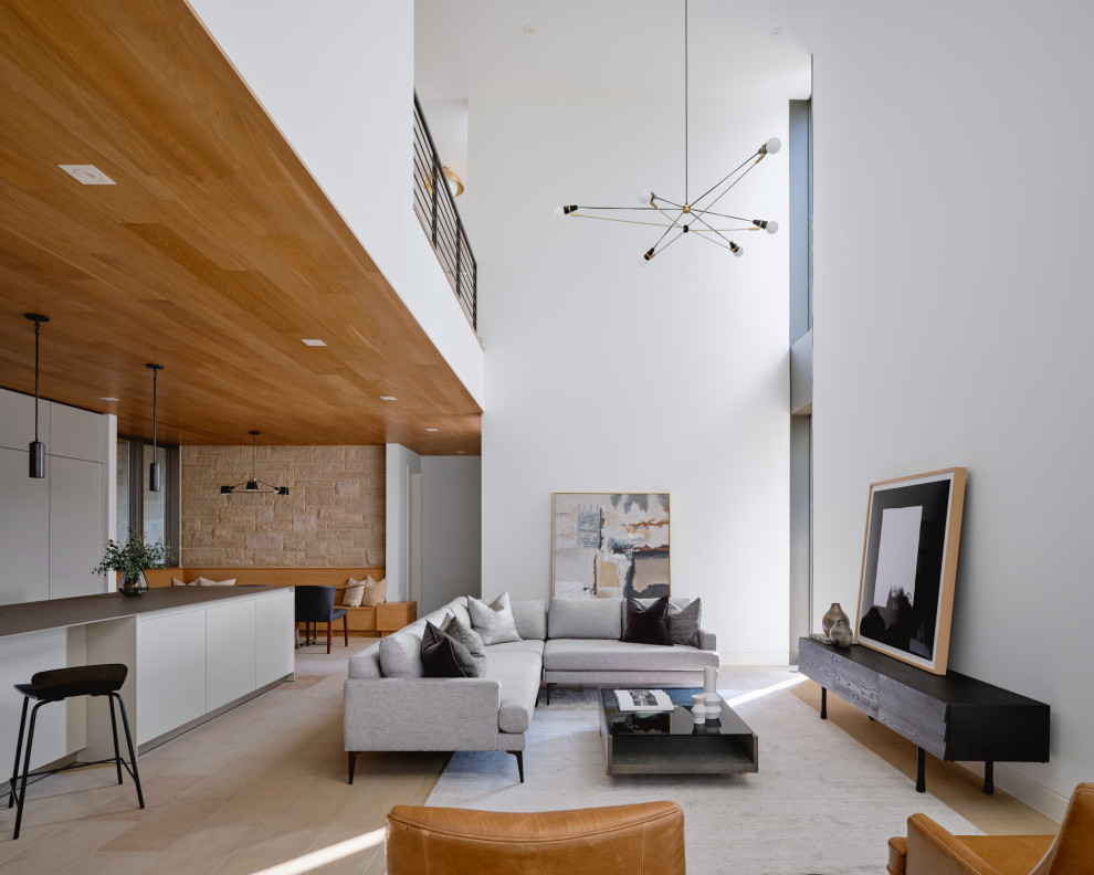 Immagine di un grande soggiorno minimalista aperto con pareti bianche, pavimento in pietra calcarea, nessun camino, nessuna TV, pavimento beige e soffitto a volta