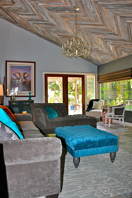 Reclaimed Wood Ceiling In A Herringbone Pattern