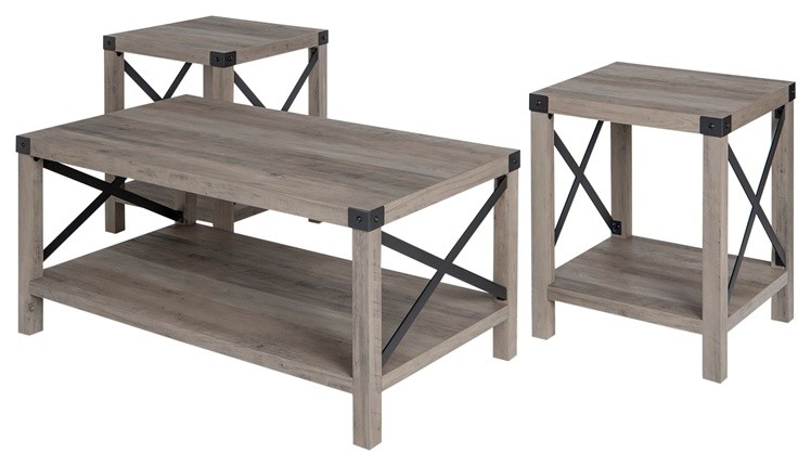 Walker Edison Metal X 3-Piece Wood and Metal Coffee Table Set in Gray Wash