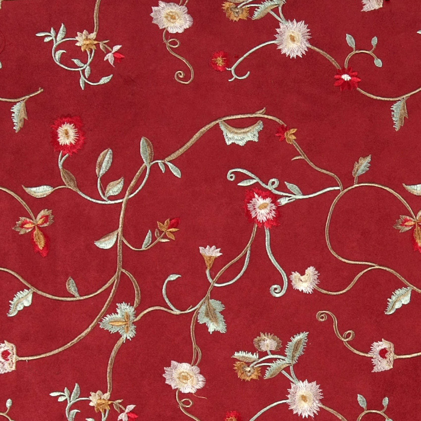 Red Green And Ivory Embroidered Floral Vines Suede Upholstery Fabric By   Home Design 