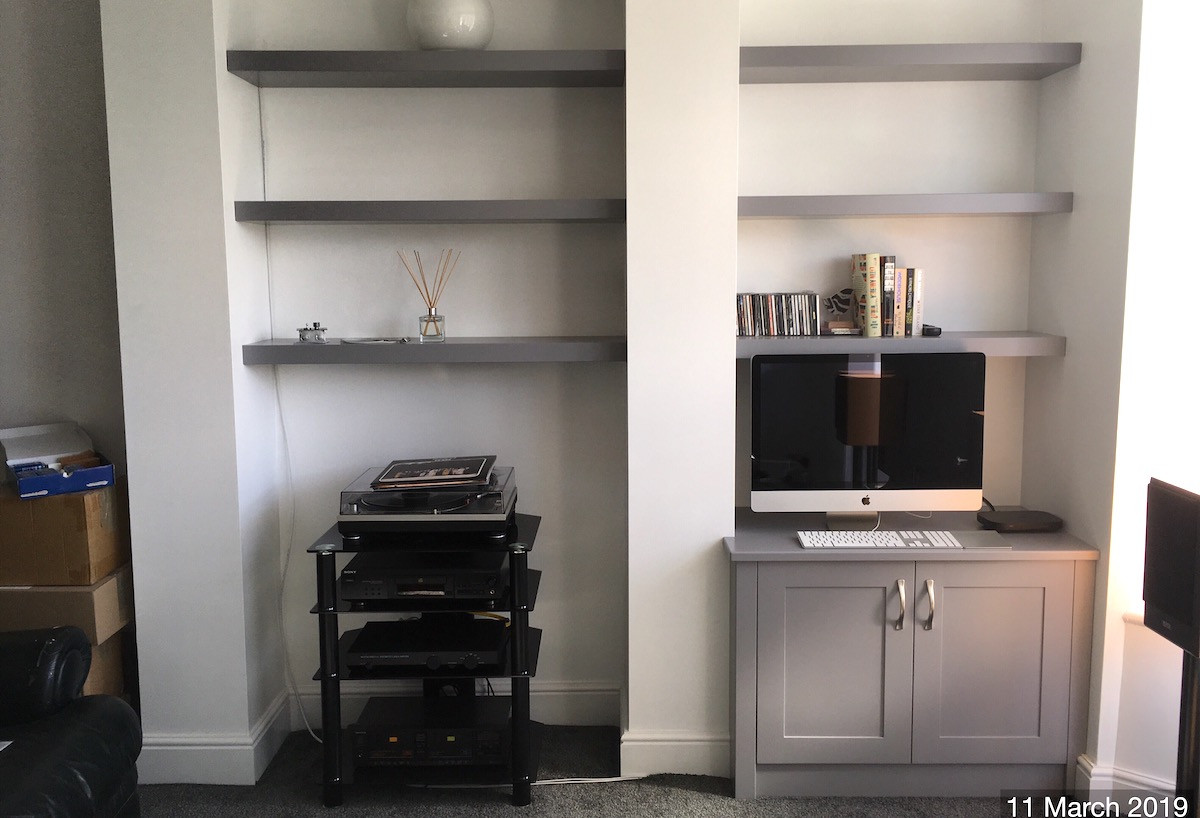 Floating Alcove Shelves and Shaker Style Cupboard in Grey