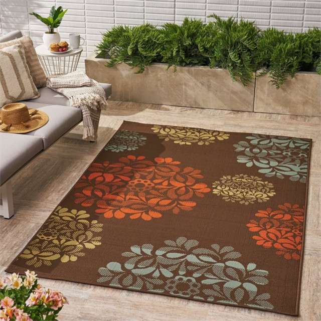 Noble House Henley 90x63" Indoor/Outdoor Fabric Floral Area Rug in Brown/Blue