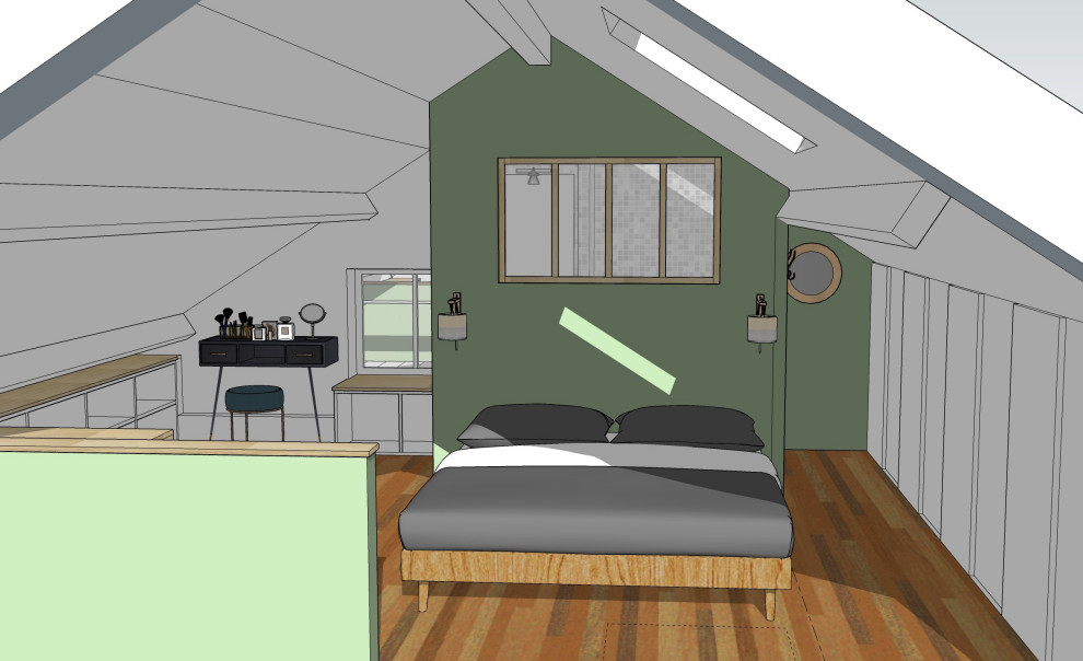 リールにある中くらいな北欧スタイルのおしゃれなロフト寝室 (緑の壁、淡色無垢フローリング、表し梁)