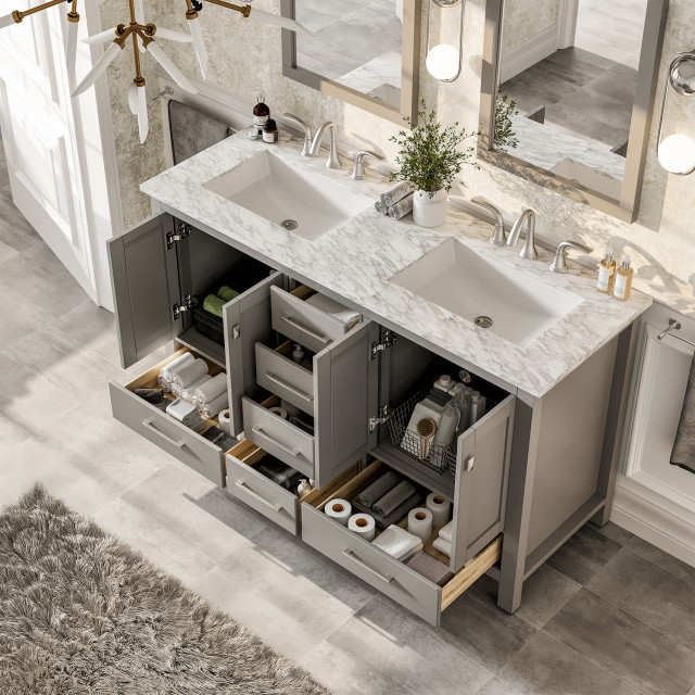 Eviva Aberdeen Gray Transitional Double Sink Vanity With White Carrara ...