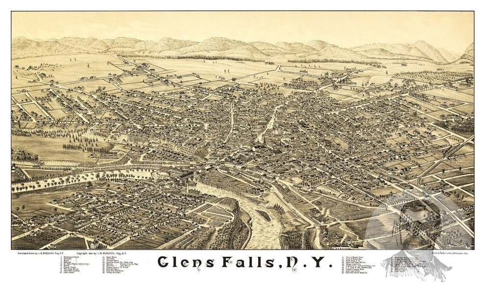 Old Map of Glens Falls New York 1884, Vintage Map Art Print, 24"x36" Contemporary Prints And