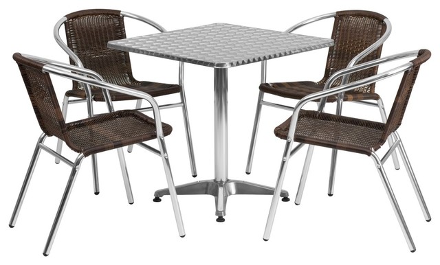 MFO 27.5'' Square Aluminum Indoor-Outdoor Table with 4 Dark Brown Rattan Chairs