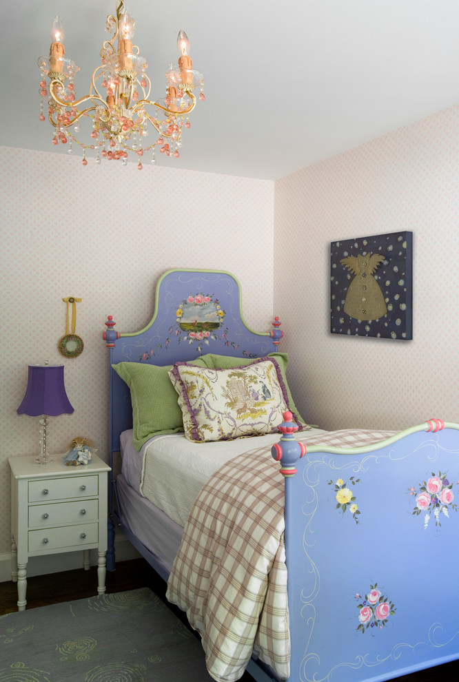 Design ideas for a mid-sized traditional kids' bedroom for kids 4-10 years old and girls in Boston with dark hardwood floors and multi-coloured walls.