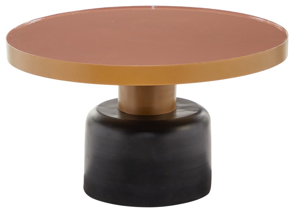 Round Gold and Black Metal Coffee Table With Dark Peach Enamel Inlay, 30"x18"