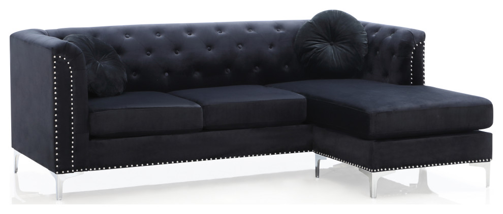 Pompano Velvet Button Tufted Sofa with Chaise, Black