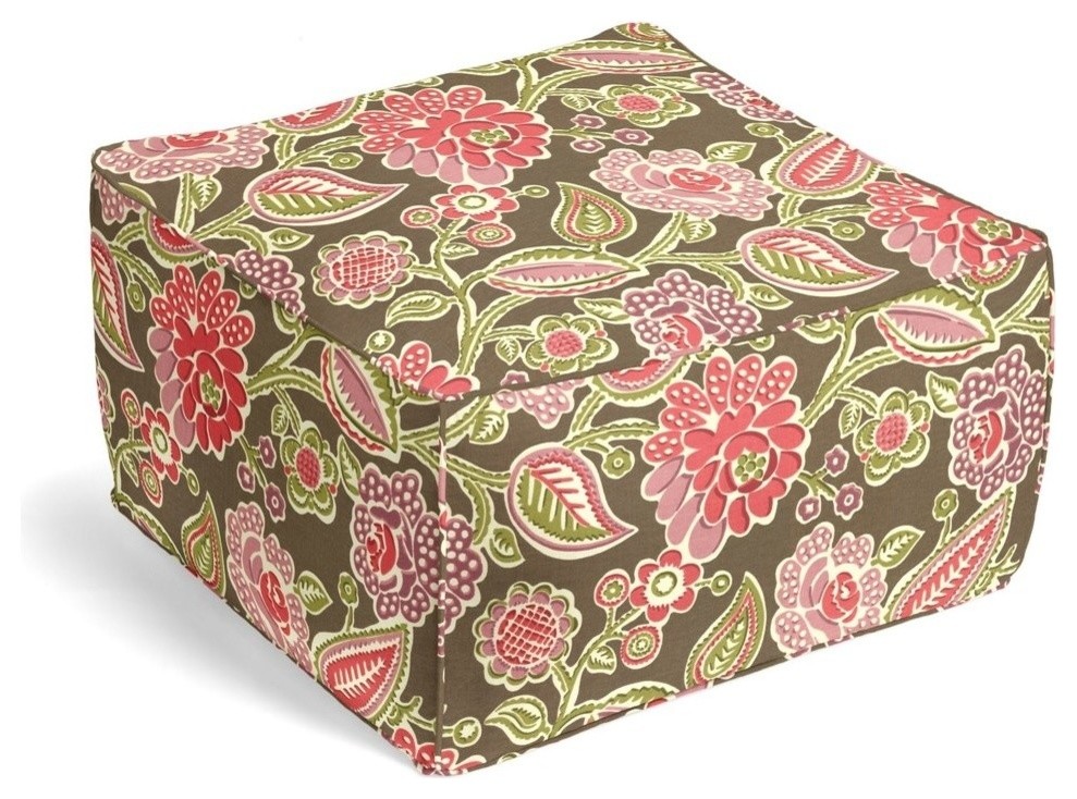 Printed Pink and Green Floral Pouf, Square