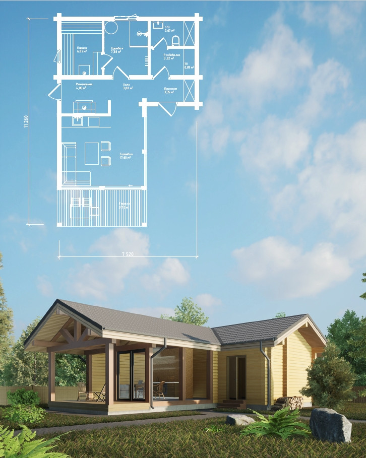 Проект бани по гибридной технологии-Клееный брус совмещенный с Фахверком