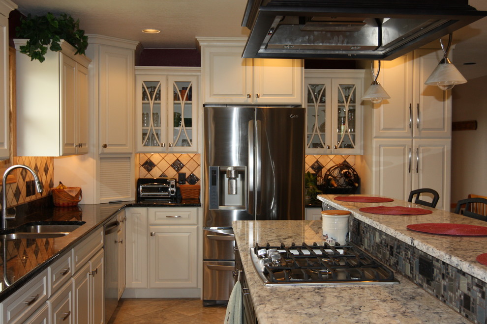 Eat-in kitchen - u-shaped ceramic tile eat-in kitchen idea in Denver with a farmhouse sink, open cabinets, white cabinets, quartz countertops, white backsplash, stainless steel appliances and an island