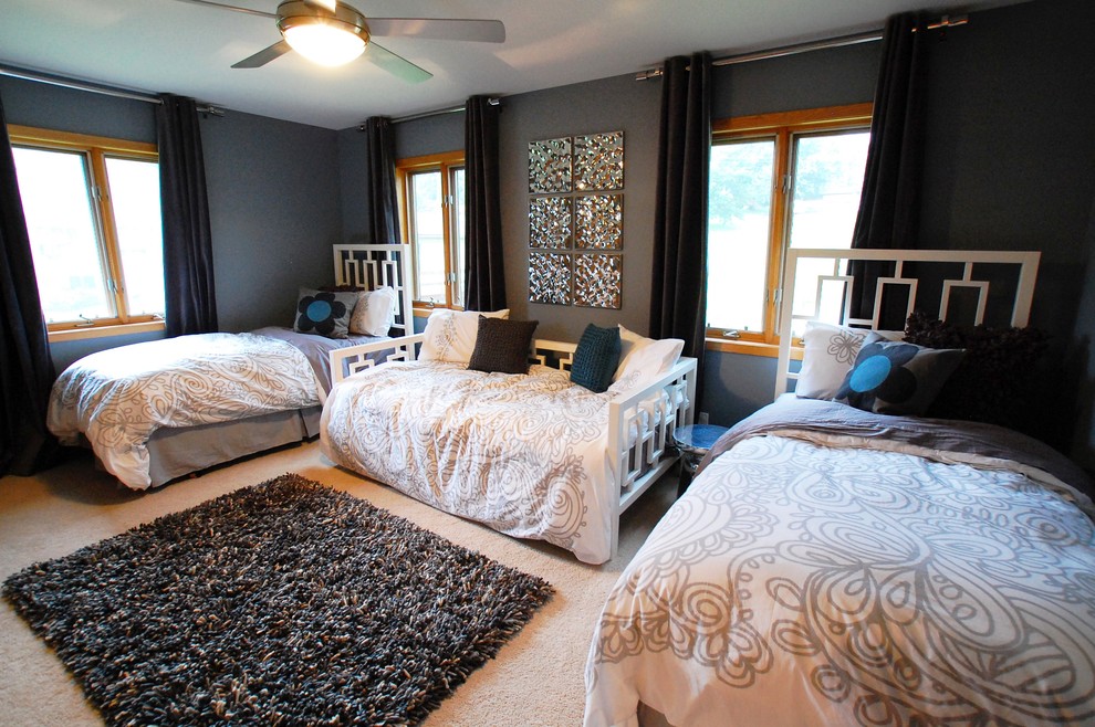 Inspiration for a modern guest bedroom in Other with grey walls, carpet and no fireplace.