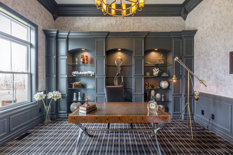 Inspiration for a timeless freestanding desk carpeted and black floor study room remodel in Cleveland with gray walls