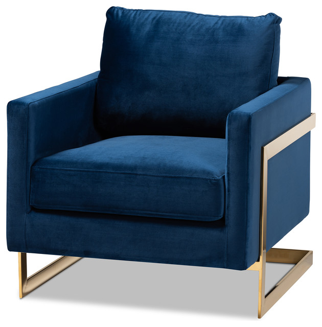 Jezza Glam and Luxe Royal Blue Velvet Fabric Upholstered Gold Armchair