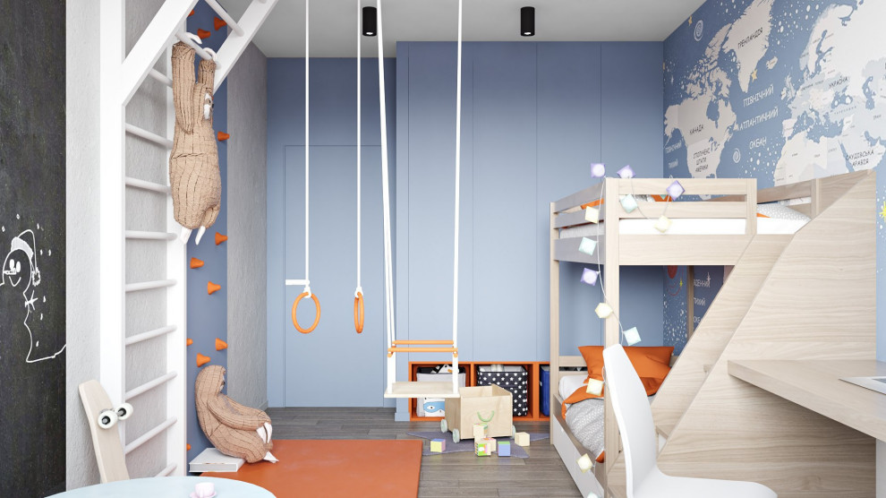 Foto på ett pojkrum kombinerat med sovrum och för 4-10-åringar