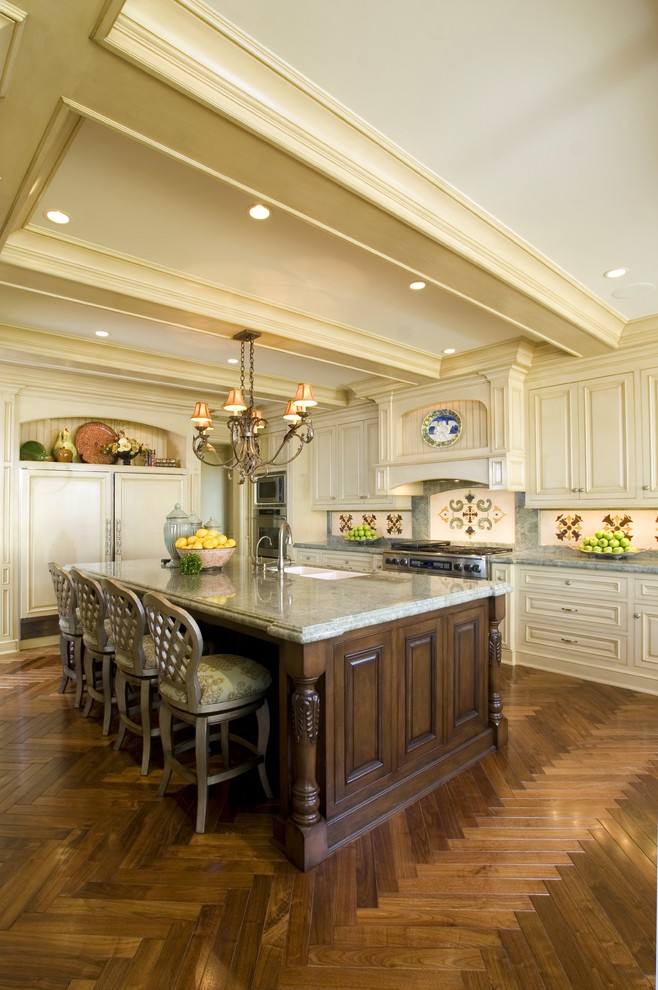 Design ideas for a traditional kitchen in Orange County with marble benchtops.