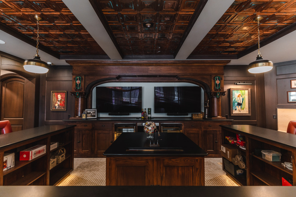 Photo of an expansive arts and crafts u-shaped seated home bar in Other with an undermount sink, shaker cabinets, medium wood cabinets, quartz benchtops, porcelain floors, white floor and black benchtop.