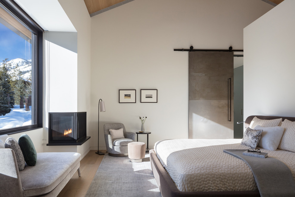 Diseño de dormitorio principal rústico con paredes blancas, suelo de madera clara, chimenea de esquina y madera