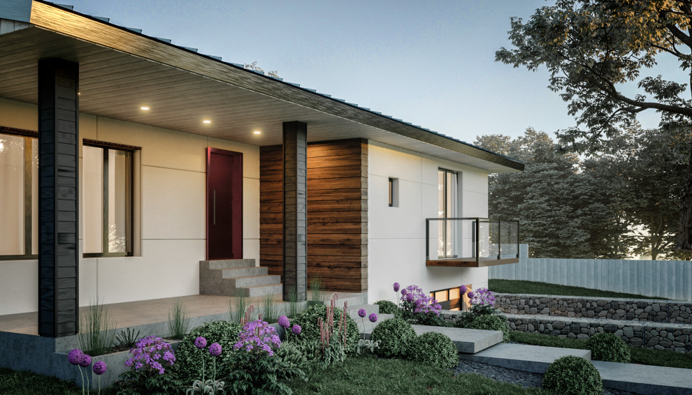 Idéer för mellanstora minimalistiska vita hus, med allt i ett plan, fiberplattor i betong, platt tak och tak i metall