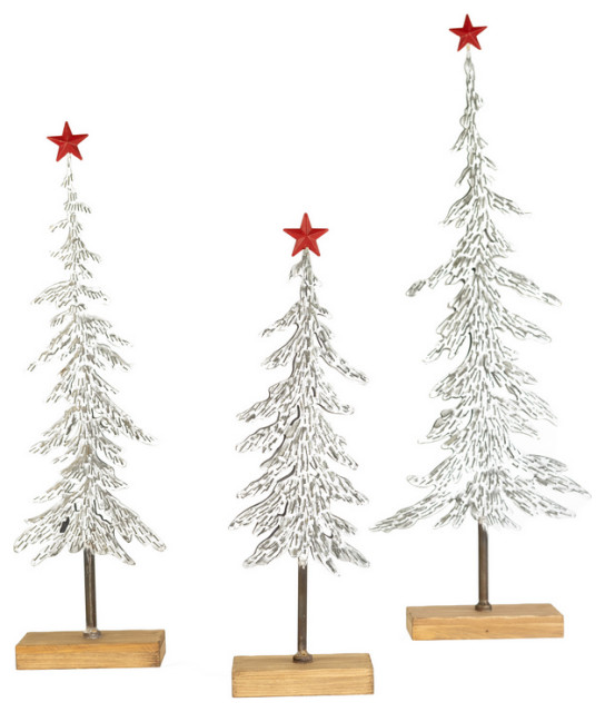 Set of Three Metal Christmas Trees on Wooden Bases Modern Holiday