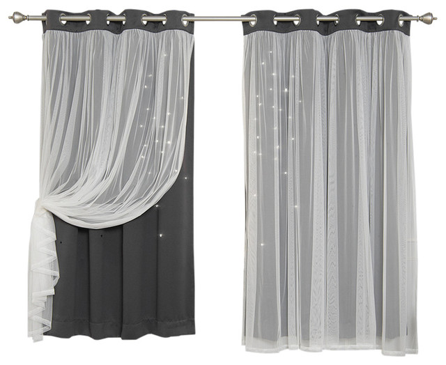 Tulle Overlay Star Cut Out Blackout Curtains - Contemporary - Curtains