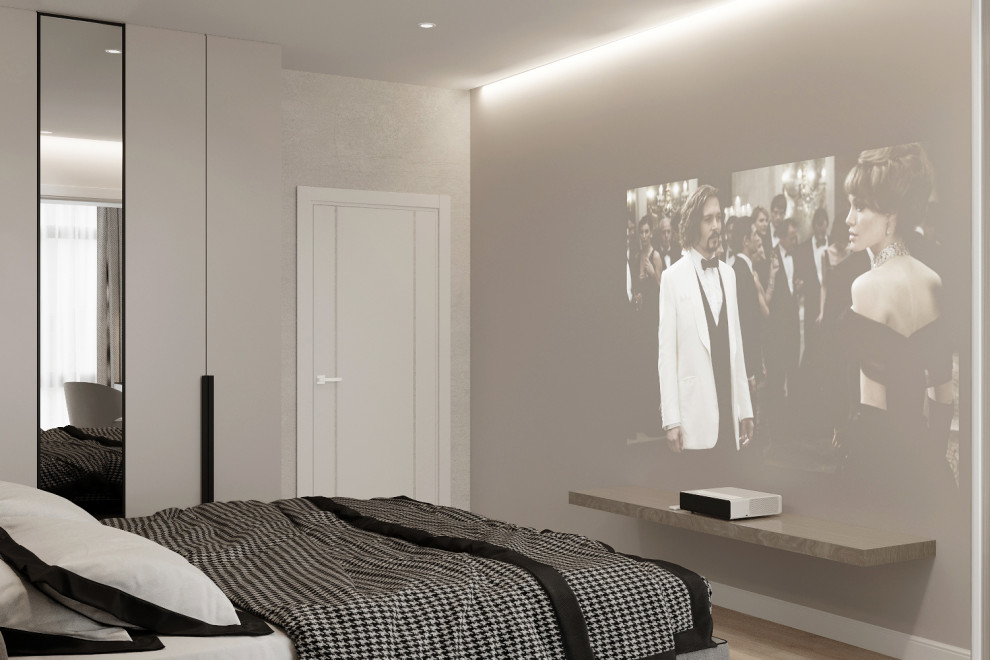 На фото: хозяйская спальня среднего размера в современном стиле с бежевыми стенами