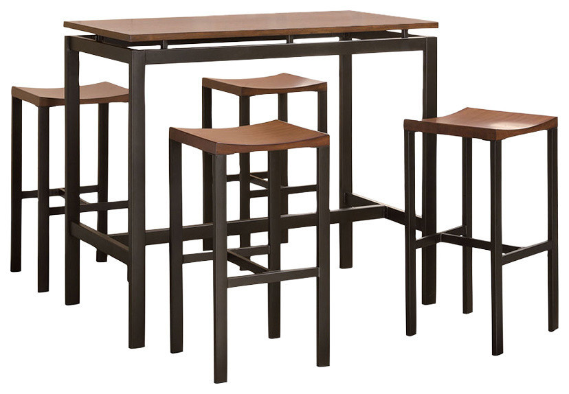 5 Piece Contemporary Counter Height Metal Dining Set, Black And Brown