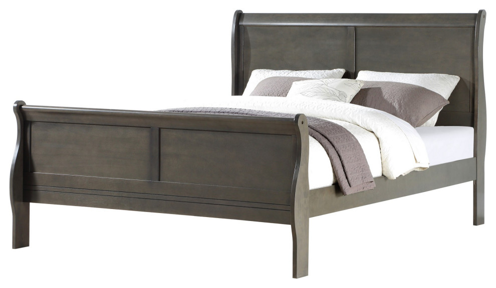 Benzara BM221311 Sleigh Design Eastern King Size Bed with Thin Legs, Dark Gray