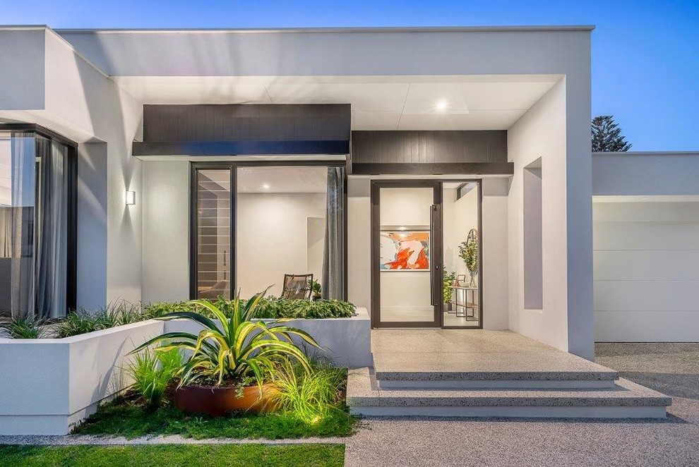 Inspiration for a mid-sized modern front door in Perth with white walls, granite floors, a pivot front door, a glass front door and grey floor.