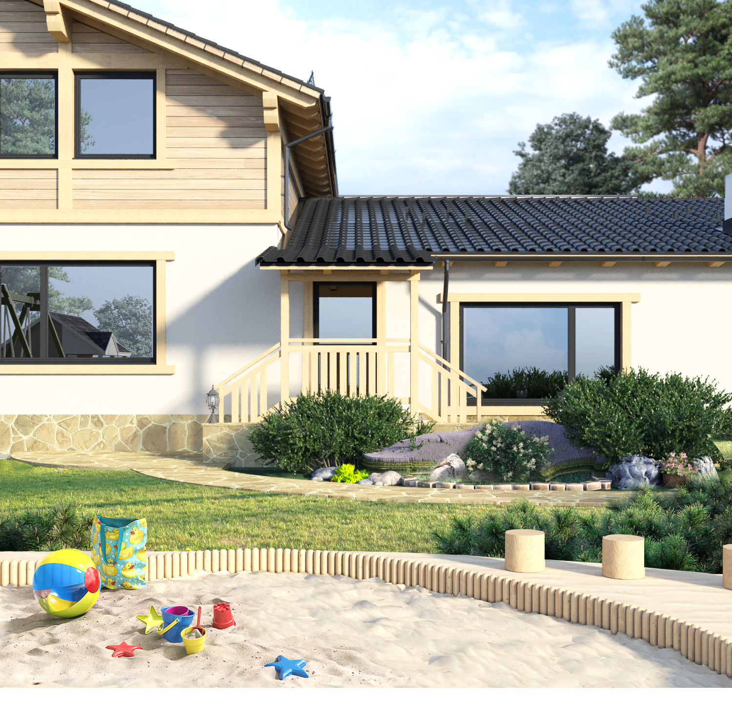 Визуализация решения по благоустройству вокруг дома. Пристройка к дому.