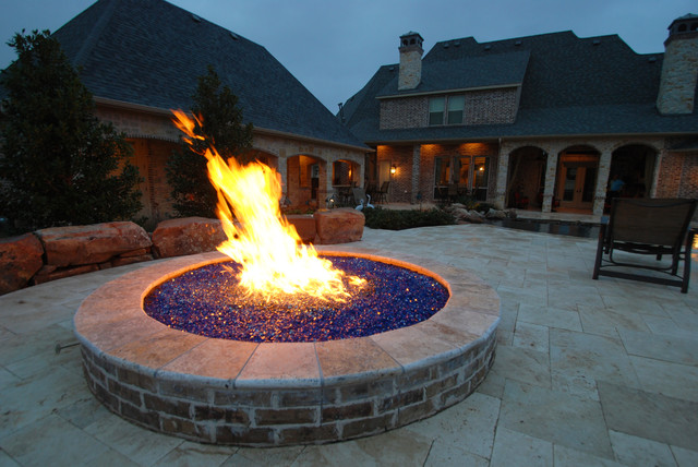 Fire Pit with Blue Glass Rocks - Mediterranean - Patio ...