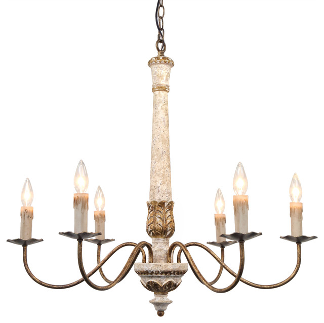 Colette French Country Antique White Wood With Gold Accent Chandelier