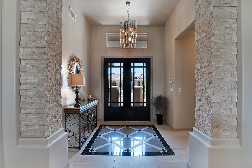 Mid-sized transitional foyer in Austin with beige walls, marble floors, a double front door and a black front door.