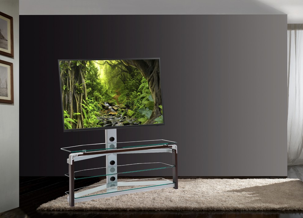 Tempered Glass TV Stand, Clear, Silver, Walnut Modern Entertainment Centers And Tv Stands