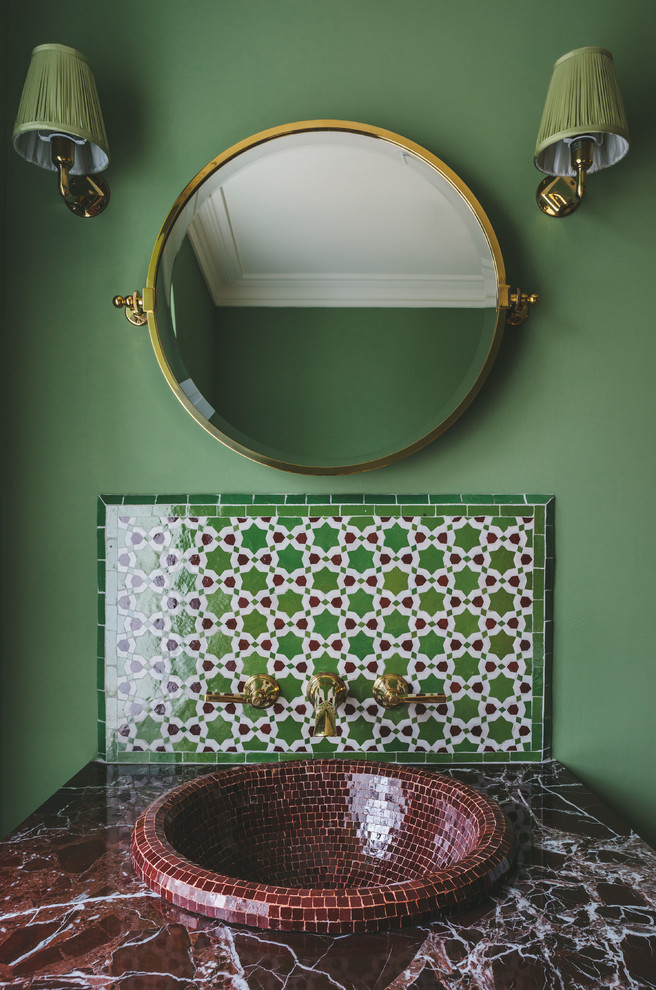 Design ideas for a small mediterranean powder room in Other with multi-coloured tile, green walls, a drop-in sink and multi-coloured benchtops.