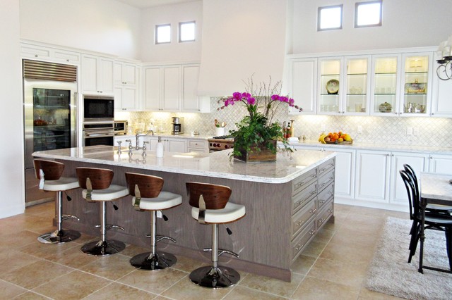 Transitional Kitchen White And Gray Cabinetry White Carrera