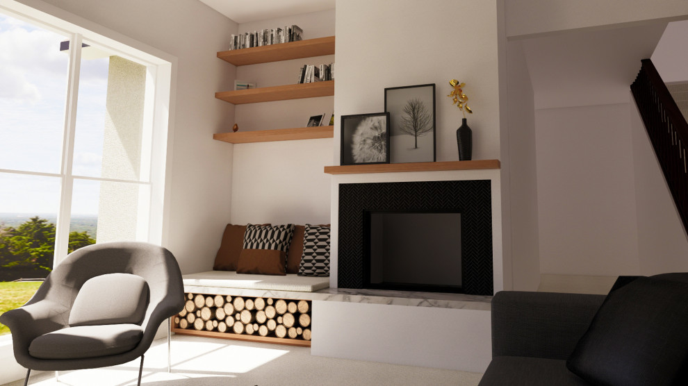 Idéer för att renovera ett mellanstort funkis separat vardagsrum, med ett finrum, beige väggar, heltäckningsmatta, en öppen vedspis, en spiselkrans i trä och svart golv