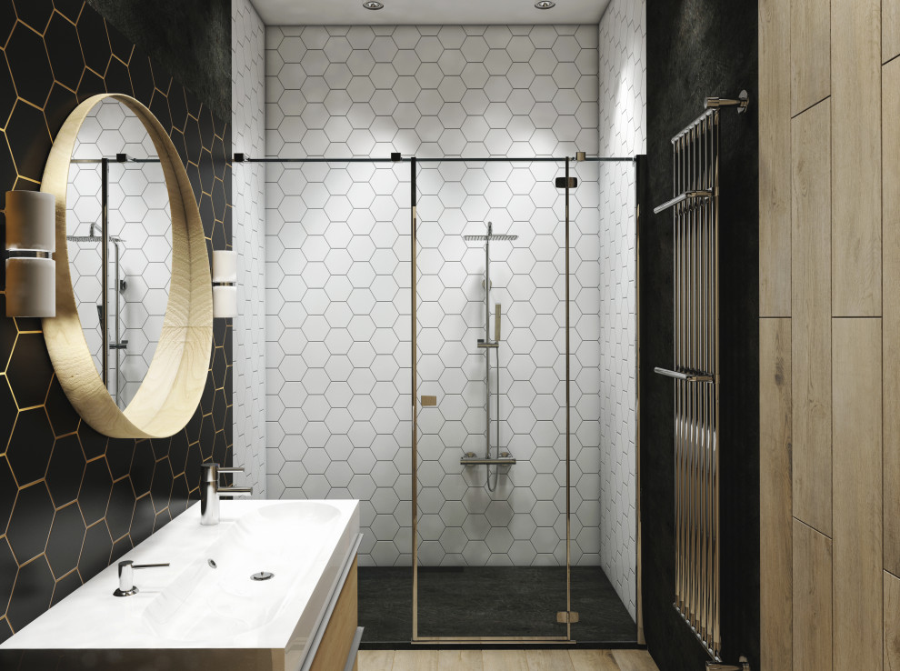 Inspiration for a medium sized urban cream and black ensuite bathroom in London with flat-panel cabinets, light wood cabinets, a one-piece toilet, black and white tiles, porcelain tiles, multi-coloured walls, wood-effect flooring, a wall-mounted sink, brown floors, a feature wall, a single sink, a freestanding vanity unit and wood walls.