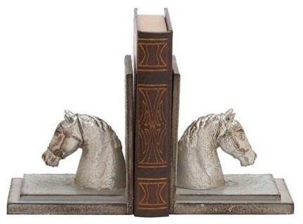 A Pair of Poly Stone Horse Head with Wooden Bookend